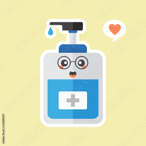 ute and kawaii disinfection or and sanitizer bottle, washing gel. Vector illustration suitable for hygiene, disinfect, medical, clean life, anti virus, bacteria, health care, disease spread, germs