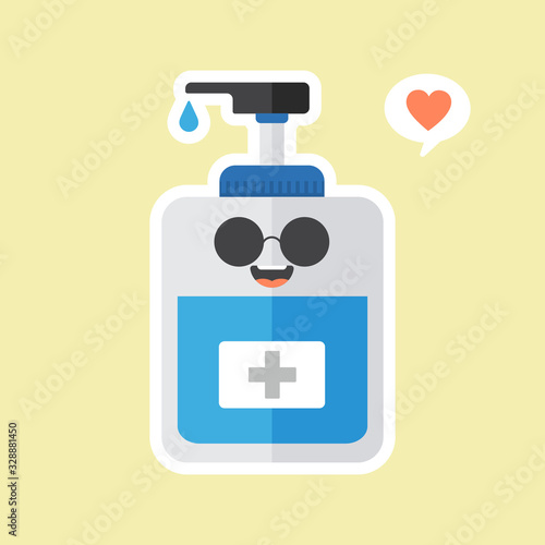 ute and kawaii disinfection or and sanitizer bottle, washing gel. Vector illustration suitable for hygiene, disinfect, medical, clean life, anti virus, bacteria, health care, disease spread, germs