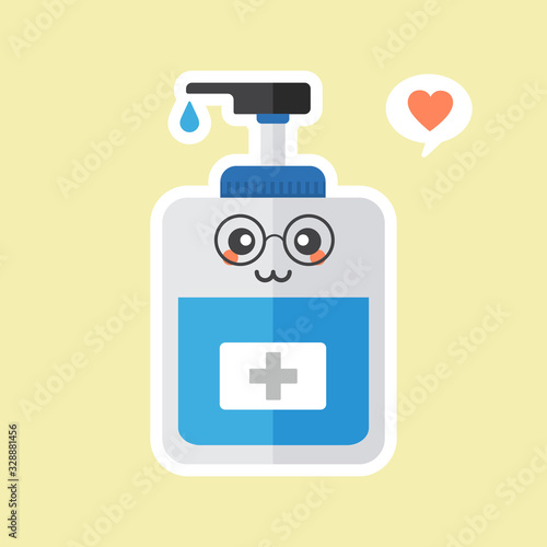 ute and kawaii disinfection or and sanitizer bottle, washing gel. Vector illustration suitable for hygiene, disinfect, medical, clean life, anti virus, bacteria, health care, disease spread, germs