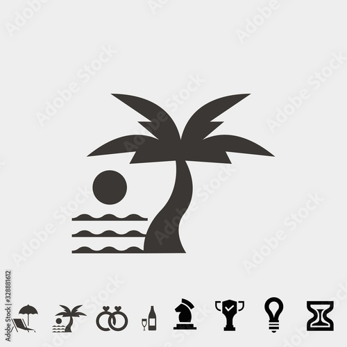 sunset at beach vector icon illustration with palm tree waves and sun. free bonus icons