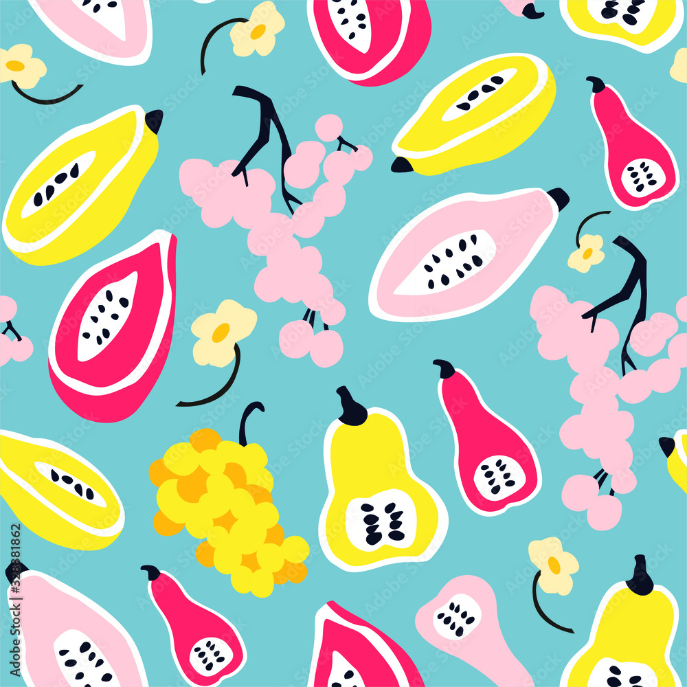Vector cartoon seamless pattern with tropical fruits pink grape yellow papaya on blue background. Cartoon, scandinavian style. Kitchen textile, children wallpaper, vegan shop packege design, poster.