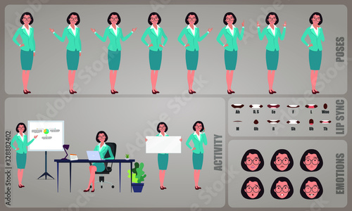 Business woman or office worker character Set. Collection of character body Poses, facial gestures, Business activities and Lip syncs poses. Ready-to-use and animate, character set. Vector.