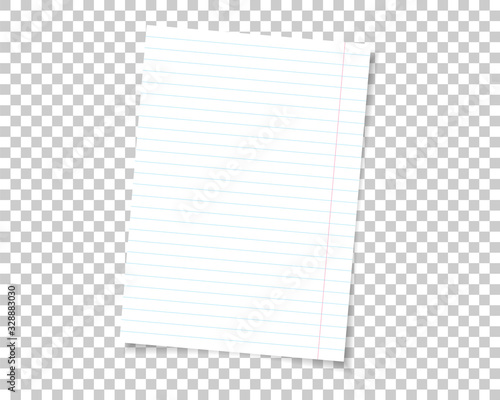 Vector school note book paper with realistic shadow. White blank page isolated on background. Mock up template.