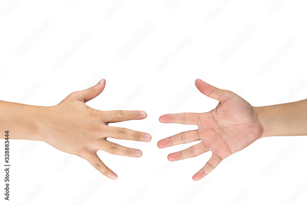 Rock Paper Scissors gambling hand game for all of ages and sex. This is Asian male hands post on white background.