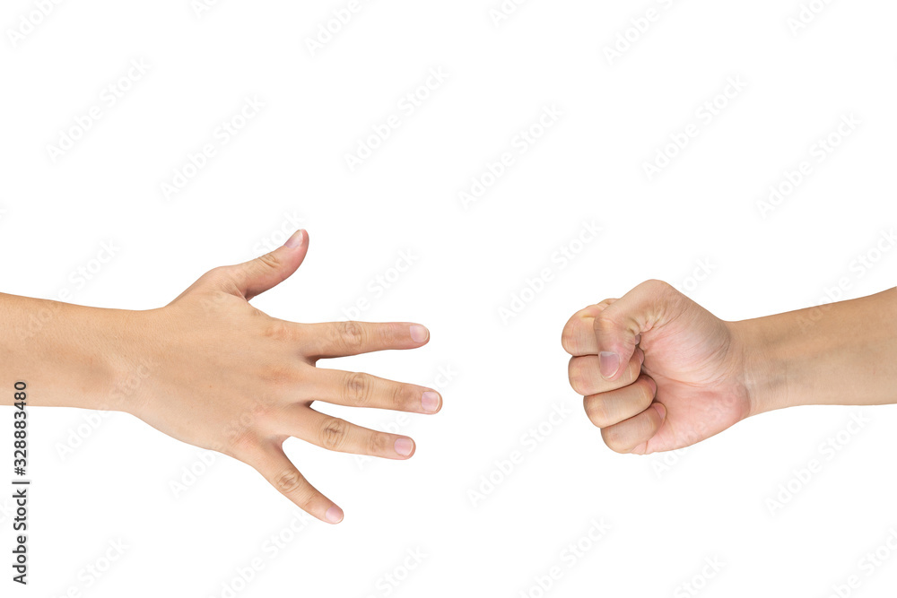 Rock Paper Scissors gambling hand game for all of ages and sex. This is Asian male hands post on white background.