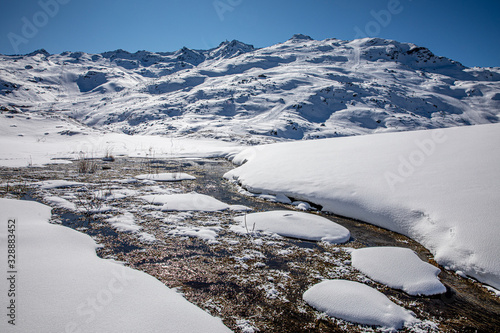 Val Thorens, France - February 18, 2020: Landscape of Alps mountains in winter close to Lac du Lou, Val Thorens, France photo