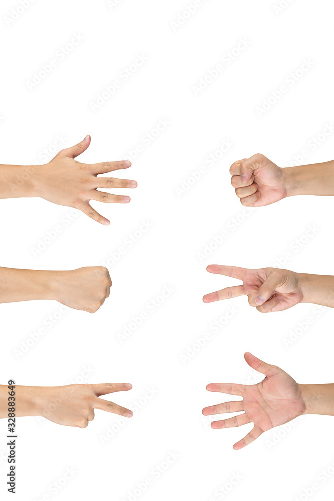Rock Paper Scissors gambling hand game for all of ages and sex. This is Asian male hands post on white background. Rock Paper Scissors gambling hand game for all of ages and sex. This is Asian male hands post on white background.