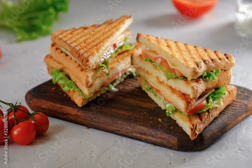 Cheese sandwich of toasted bread with a crispy crust with fresh tomatoes and herbs on a wooden board