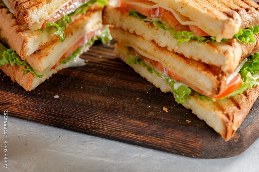 Cheese sandwich of toasted bread with a crispy crust with fresh tomatoes and herbs on a wooden board Cheese sandwich of toasted bread with a crispy crust with fresh tomatoes and herbs on a wooden board