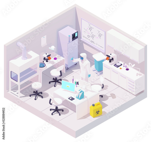 Vector isometric medical laboratory and scientist with samples of coronavirus. Doctor with test tube Coronavirus or COVID-19 or SARS-CoV-2. Virus scientist looking for vaccine for coronavirus Covid-19