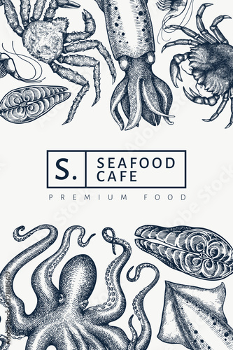 Seafood design template. Hand drawn vector seafood illustration. Engraved style food banner. Retro sea animals background