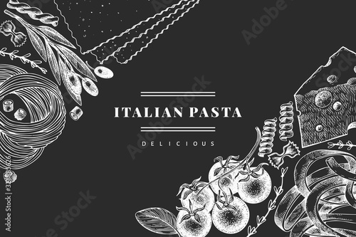Italian pasta with additions design template. Hand drawn vector food illustration on chalk board. Engraved style. Vintage pasta different kinds background.