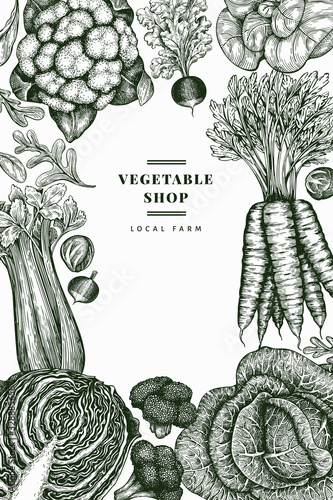 Hand drawn sketch vegetables design. Organic fresh food vector banner template. Retro vegetable background. Engraved style botanical illustrations.