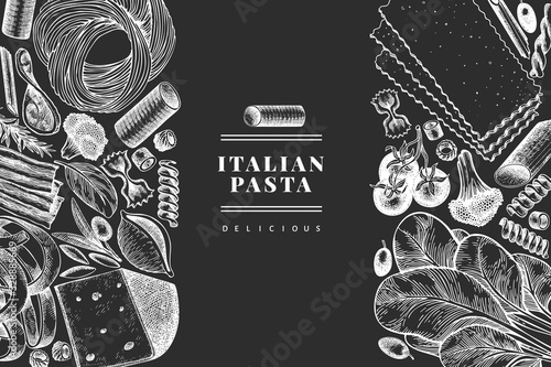 Italian pasta with additions design template. Hand drawn vector food illustration on chalk board. Engraved style. Vintage pasta different kinds background.