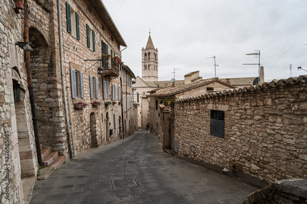 An empty street in the old town of Assisi, Umbria, Italy.