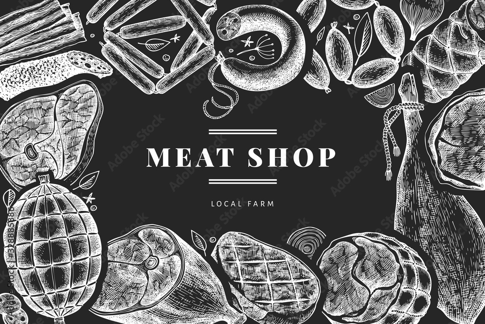 Vintage vector meat products design template. Hand drawn ham, sausages, jamon, spices and herbs. Retro illustration on chalk board. Can be use for restaurant menu. - obrazy, fototapety, plakaty 