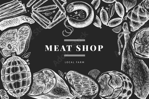 Vintage vector meat products design template. Hand drawn ham, sausages, jamon, spices and herbs. Retro illustration on chalk board. Can be use for restaurant menu. photo