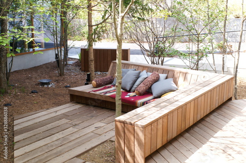 Garden furniture rug on wooden deck