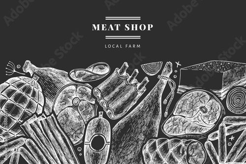 Vintage vector meat products design template. Hand drawn ham, sausages, jamon, spices and herbs. Retro illustration on chalk board. Can be use for restaurant menu.