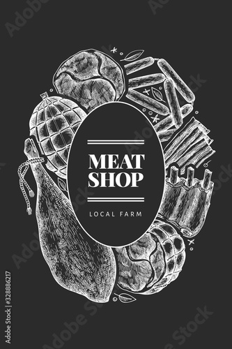 Vintage vector meat products design template. Hand drawn ham, sausages, jamon, spices and herbs. Retro illustration on chalk board. Can be use for restaurant menu. photo