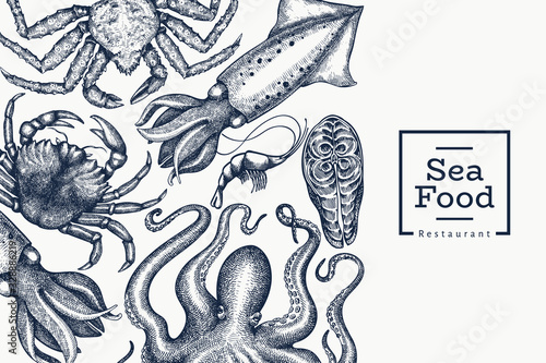 Seafood design template. Hand drawn vector seafood illustration. Engraved style food banner. Retro sea animals background