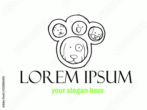 innovative and creative, minimalist animal logo. can use animal clinics, petshop and veterinarian. black and white simple stylish logo.