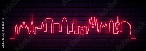Red neon skyline of Barcelona city. Bright Barcelona long banner. Vector illustration.