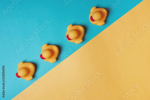 Valokuva Four yellow rubber ducks on a blue and yellow background