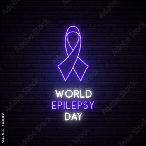 World epilepsy day concept neon signboard.  Bright Purple awareness ribbon on dark brick wall background. Vector illustration.