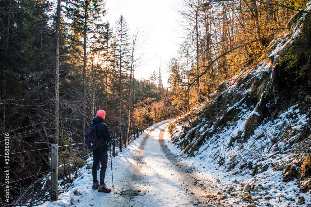 hiker standing on trails at sunrise hiker standing on trails at sunrise