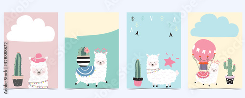 Pink green baby shower invitation with llama. Vector birthday invitation for kid and baby.Editable element
