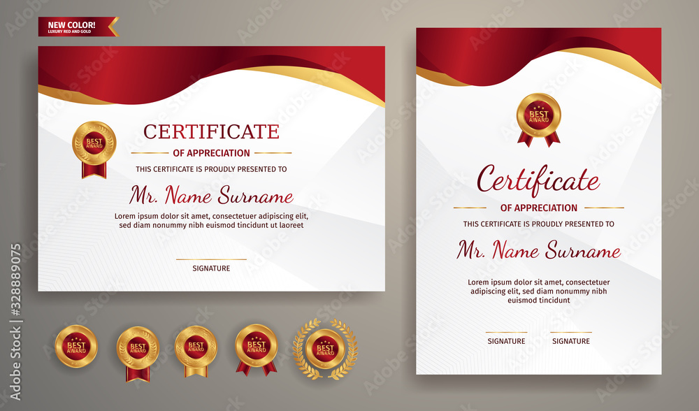 Modern simple certificate in red and gold color with gold badge and border vector template