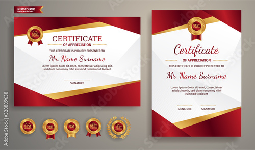 Modern simple certificate in red and gold color with gold badge and border vector template