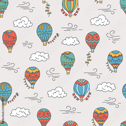 Hot air balloons and clouds. Color hand drawn seamless pattern. Vector illustration in doodle style