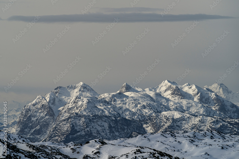 mountain range in the national park berchtesgadener land in winter snow from untersberg
