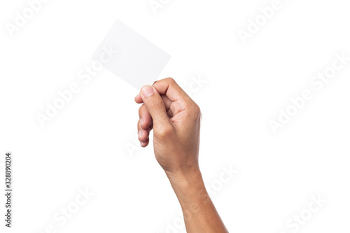 business man hand holding business card isolated on white background with clipping path