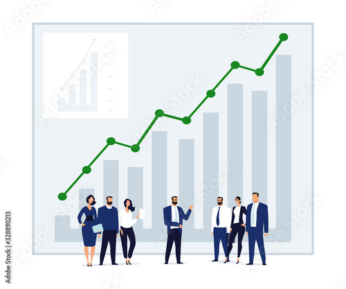 Tiny little men on the background of a growing chart with an arrow. Concept illustration about investing, business development, teamwork, overcoming the crisis. Flat vector illustration i