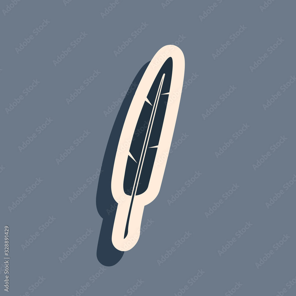 Black Feather pen icon isolated on grey background. Long shadow style. Vector Illustration