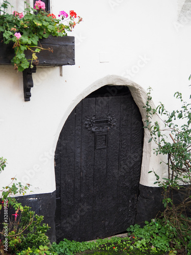 Canvas Print a quaint little wooden door in a white washed cottage wall