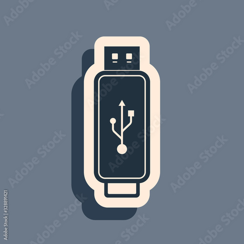 Black USB flash drive icon isolated on grey background. Long shadow style. Vector Illustration