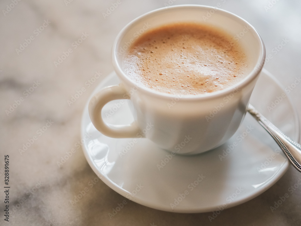 Hot coffee close up on table in cafe Hot coffee close up on table in cafe