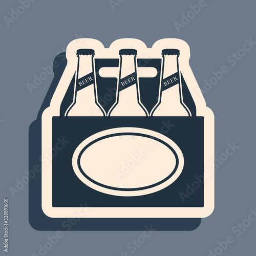 Black Pack of beer bottles icon isolated on grey background. Case crate beer box sign. Long shadow style. Vector Illustration