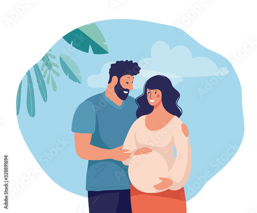 Happy young married couple expecting a baby. A pregnant woman with a partner or husband. The concept of pregnancy, family, motherhood, parenthood. Flat cartoon vector illustration.