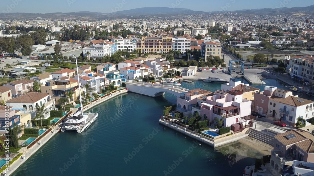 Aerial view of the new houses in marina, Limassol, Cyprus 2019