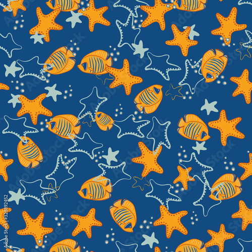 Starfish and yellow angelfish with blue stripes seamless vector pattern. Marine surface print design. Hand drawn ocean animals in bright colors. Great for fabrics  scrapbook  gift wrap  and packaging.