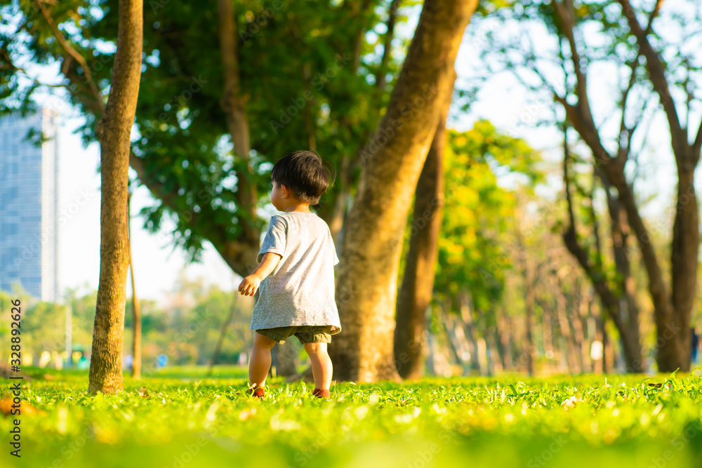 Adorable little asian boy walking on green grass sunset light in summer park Adorable little asian boy walking on green grass sunset light in summer park