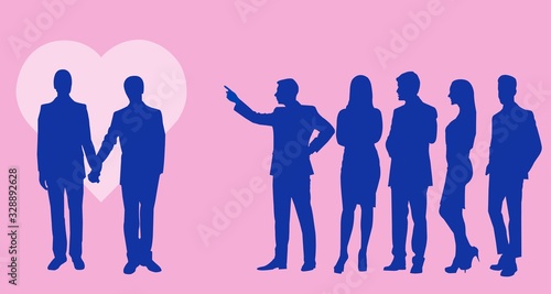 vector illustration of a happy gay couple among people .They love each other despite the opinions of others.