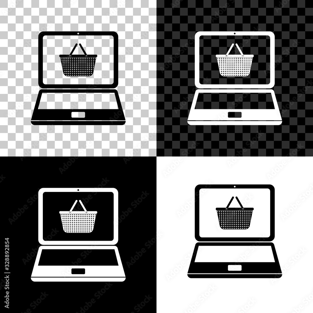 Set Shopping basket on screen laptop icon isolated on black, white and transparent background. Concept e-commerce, e-business, online business marketing. Vector Illustration Set Shopping basket on screen laptop icon isolated on black, white and transparent background. Concept e-commerce, e-business, online business marketing. Vector Illustration