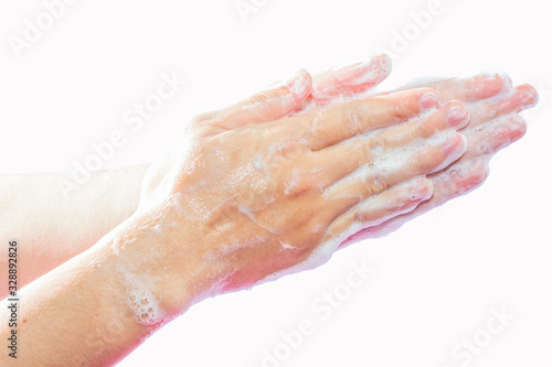 Step 1 Hand washing medical procedure. Isolated on white background.
