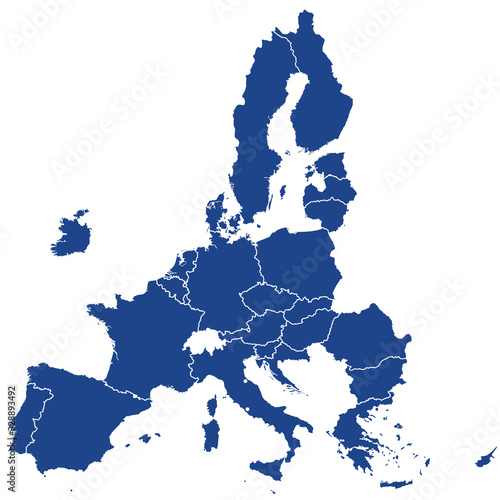European Union member states after Brexit, blue silhouettes. 27 EU member states after United Kingdom left in 2020. The special member state territories are not shown. Illustration over white. Vector